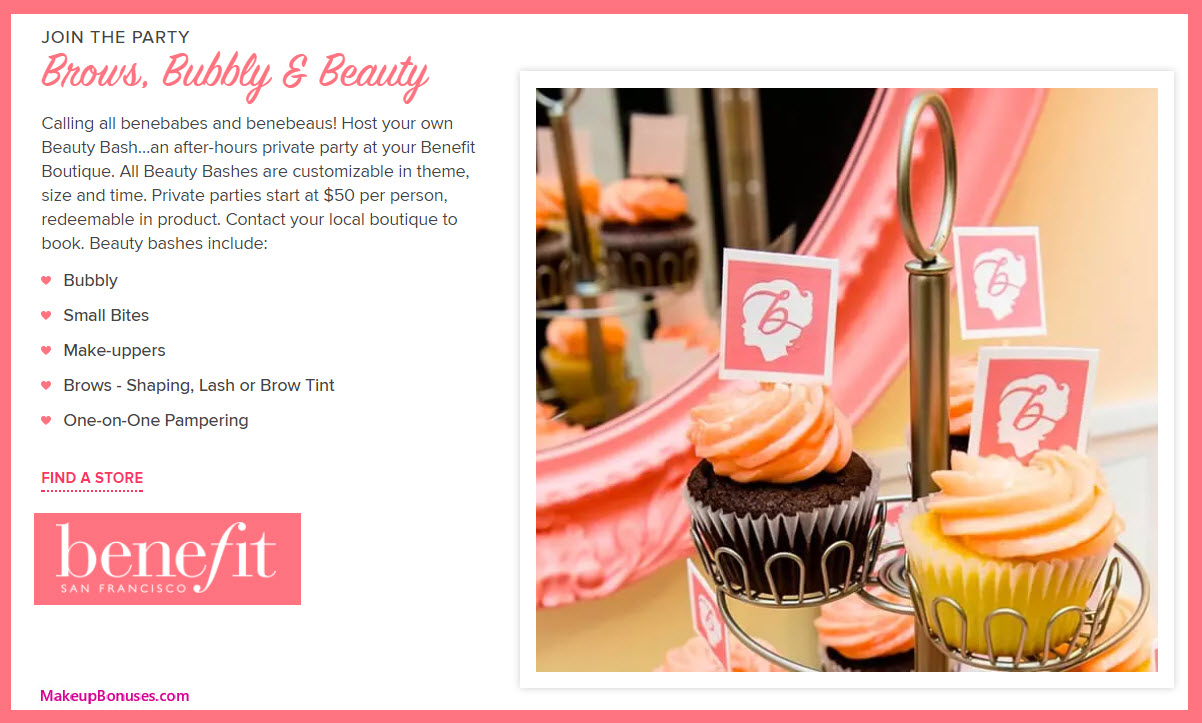 Benefit Cosmetics Beauty Services - Brows, Bubbly, & Beauty Party - MakeupBonuses.com