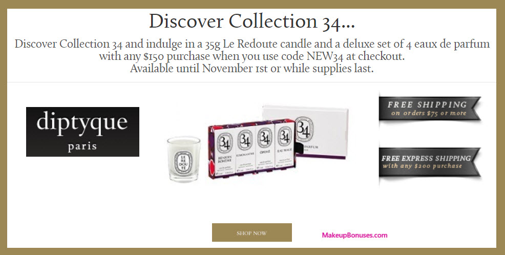 Receive a free 5-pc gift with your $150 Diptyque purchase