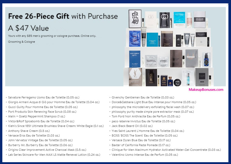 Receive a free 26-pc gift with your $85 men's grooming or cologne purchase