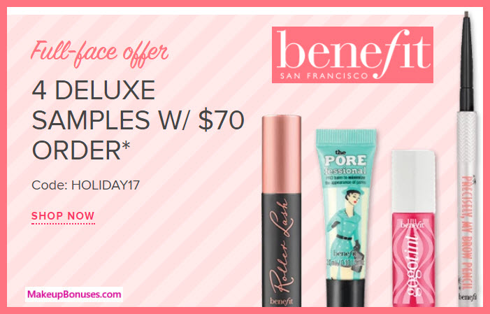 Receive a free 4-pc gift with your $70 Benefit Cosmetics purchase