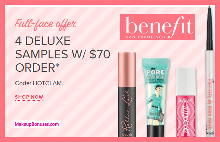Receive a free 4-pc gift with your $70 Benefit Cosmetics purchase