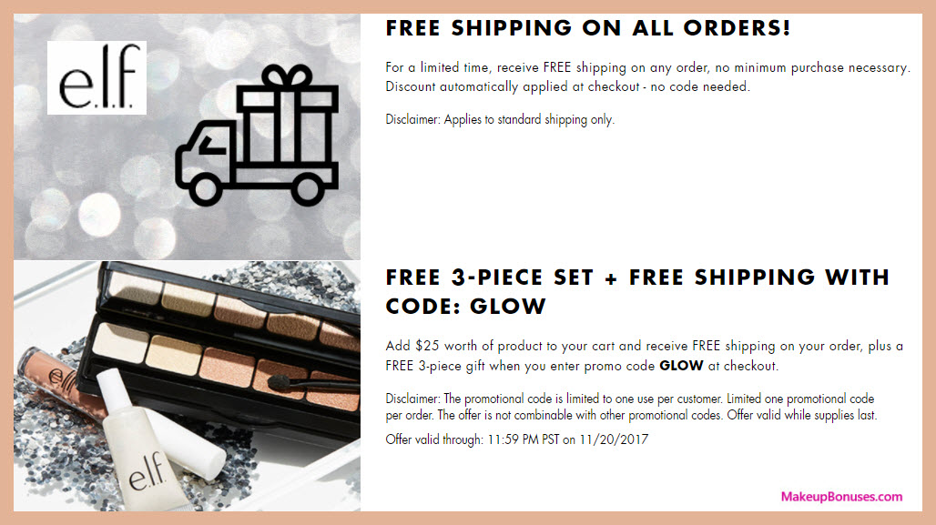 Receive a free 3-pc gift with your $25 ELF Cosmetics purchase