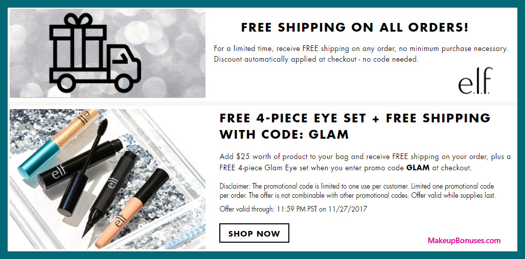Receive a free 3-pc gift with your $25 ELF Cosmetics purchase