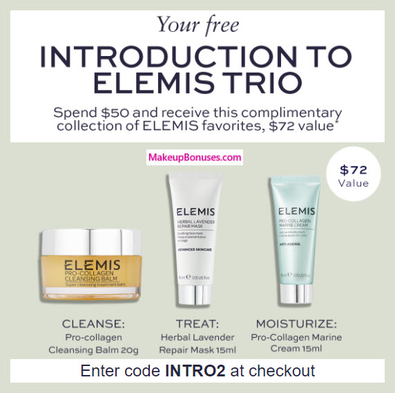 Receive a free 3-pc gift with your $50 Elemis purchase