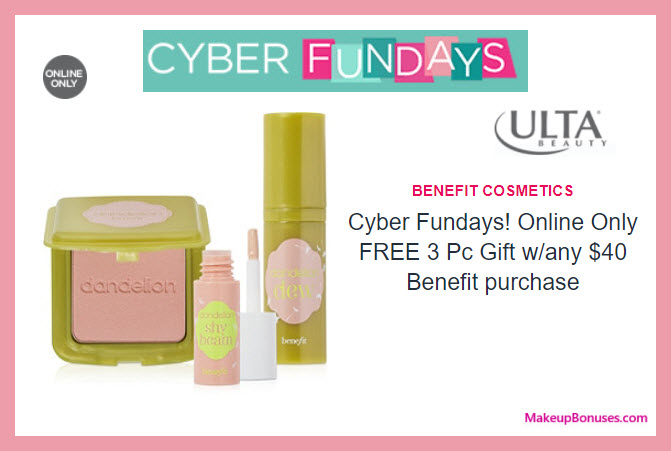 Receive a free 3-pc gift with your $40 Benefit Cosmetics purchase