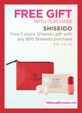 Receive a free 5-pc gift with your $60 Shiseido purchase