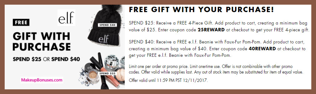 Receive a free 4-pc gift with your $25 ELF Cosmetics purchase