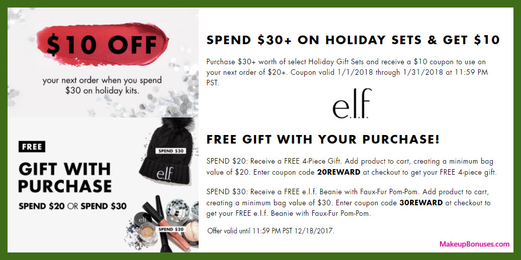 Receive a free 4-pc gift with your $20 ELF Cosmetics purchase