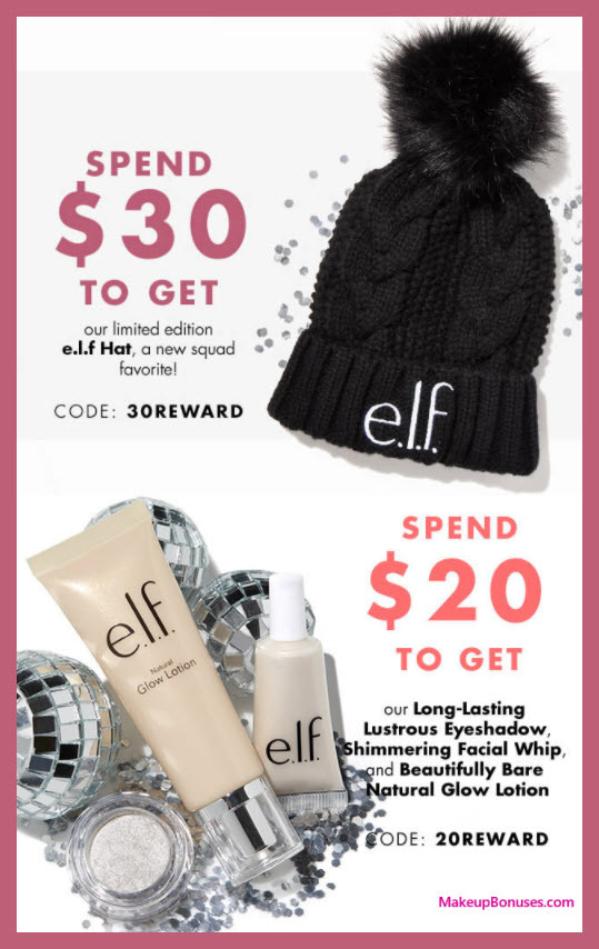 Receive a free 3-pc gift with your $20 ELF Cosmetics purchase