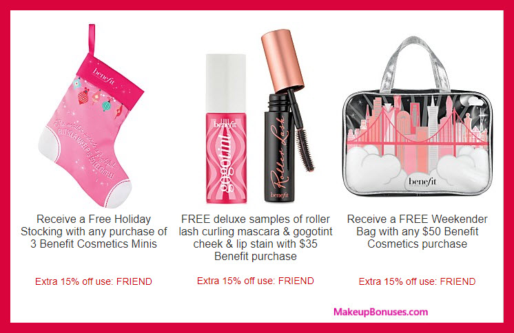 Receive a free 3-pc gift with your $50 Benefit Cosmetics purchase