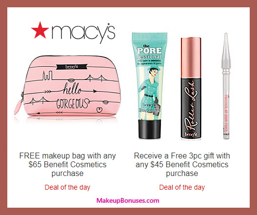 Receive a free 3-pc gift with $45 Benefit Cosmetics purchase