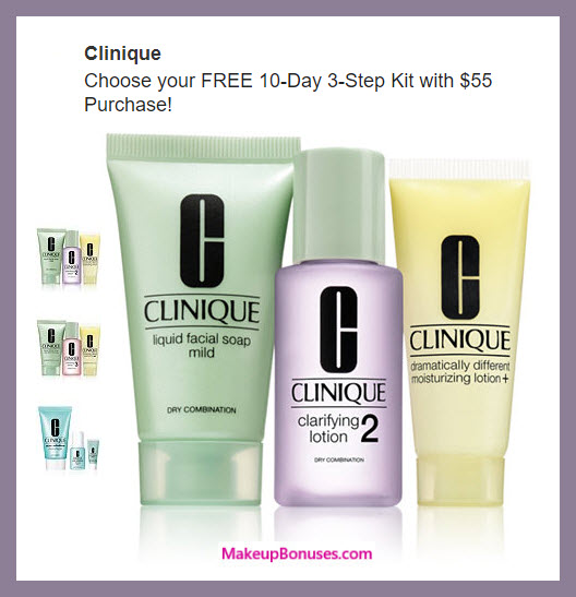Receive your choice of 3-pc gift with $55 Clinique purchase