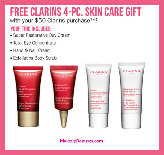 Receive a free 4-pc gift with $50 Clarins purchase