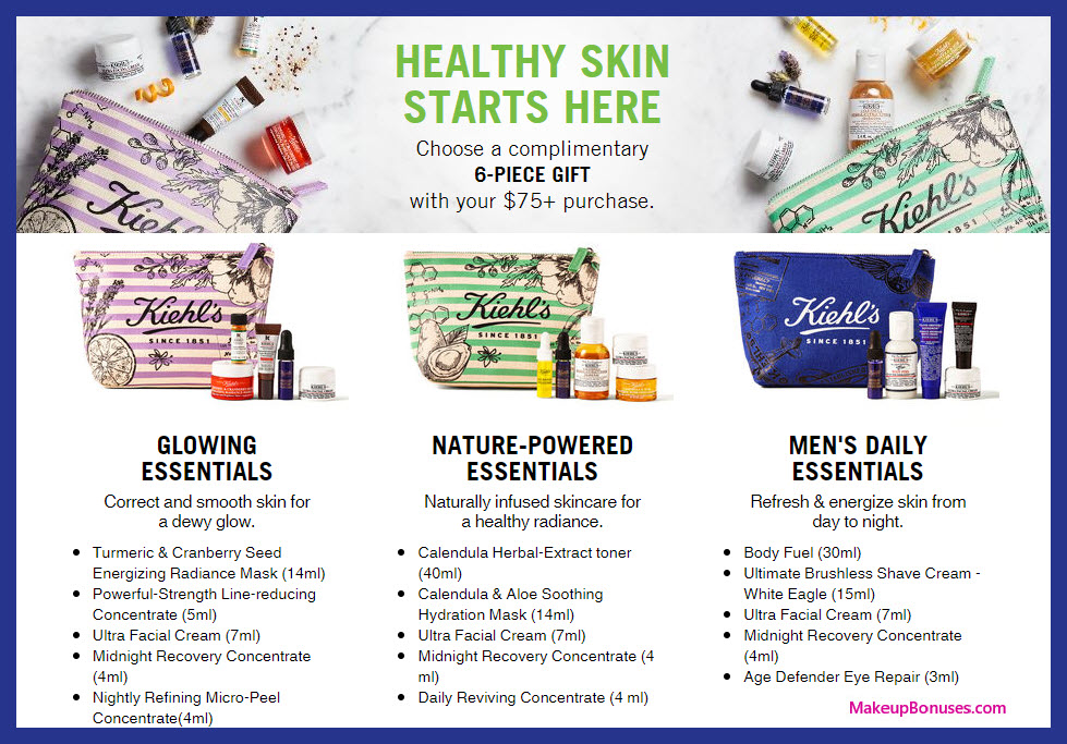 Receive your choice of 6-pc gift with $75 Kiehl's purchase