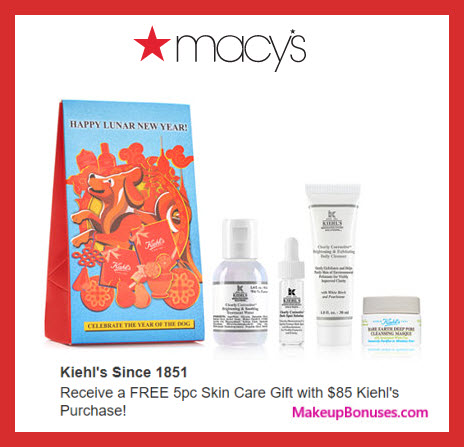 Receive a free 5-pc gift with $85 Kiehl's purchase