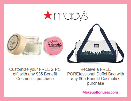 Receive a free 3-pc gift with $65 Benefit Cosmetics purchase