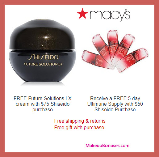 Receive a free 6-pc gift with $75 Shiseido purchase