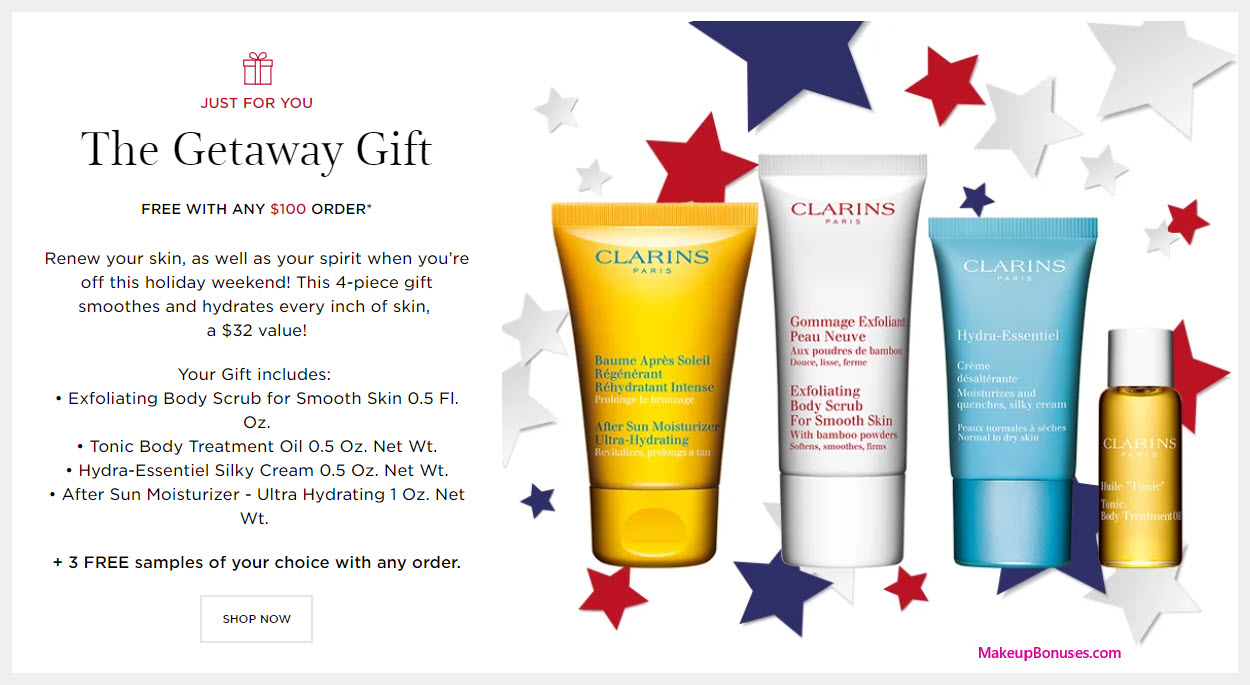 Receive a free 4-pc gift with $100 Clarins purchase