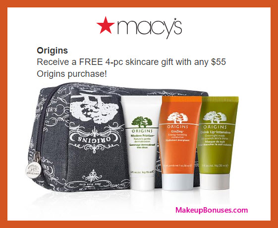 Receive a free 4-pc gift with $55 Origins purchase