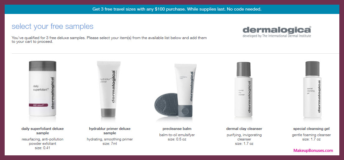 Receive your choice of 3-pc gift with $100 Dermalogica purchase