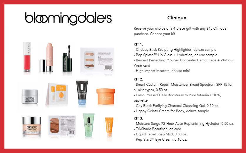 Receive your choice of 4-pc gift with $45 Clinique purchase
