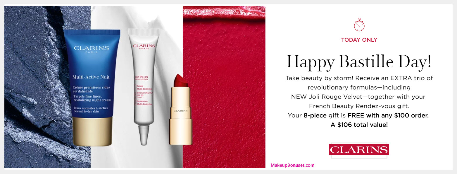 Receive a free 8-pc gift with $100 Clarins purchase