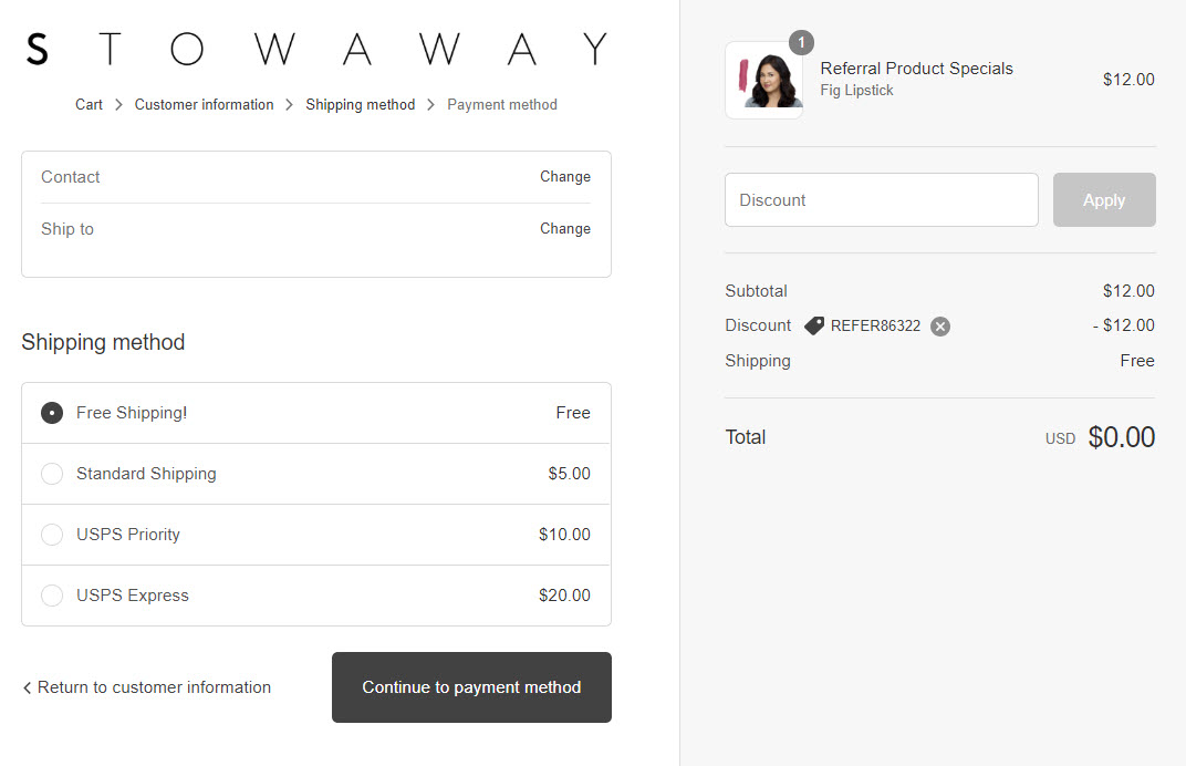 Screenshot of checkout page with Free Shipping