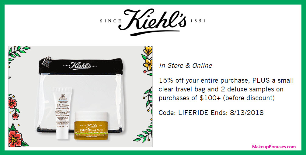 Receive a free 3-pc gift with $100 Kiehl's purchase