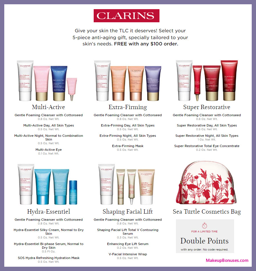Receive your choice of 5-pc gift with $100 Clarins purchase #clarinsusa
