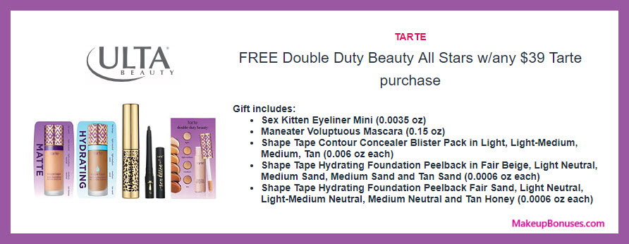 Receive a free 5-pc gift with $39 Tarte purchase