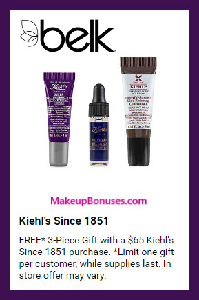 Receive a free 3-pc gift with $65 Kiehl's purchase #belk