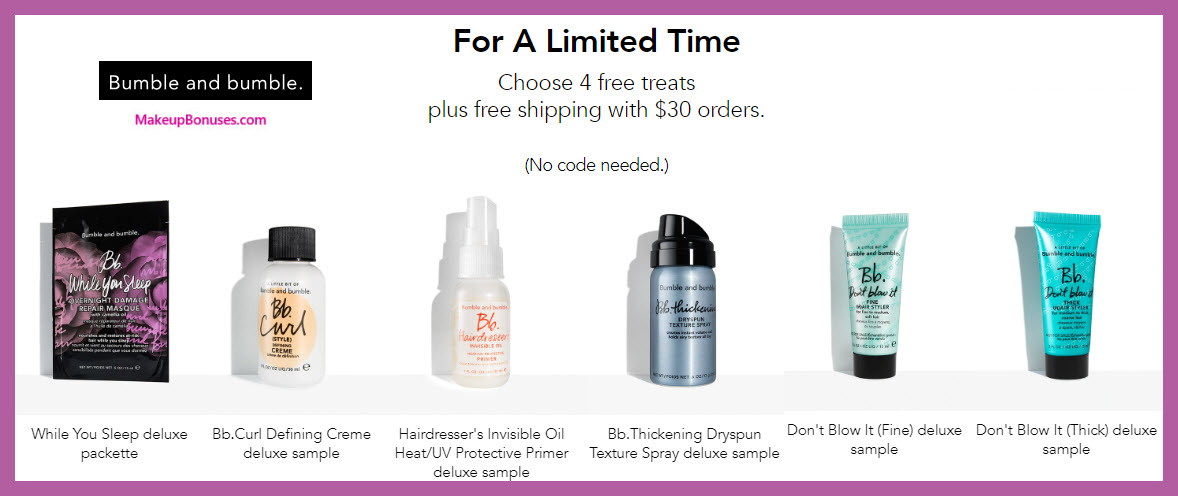 Receive your choice of 4-pc gift with $30 Bumble and bumble purchase #bumbleandbumble