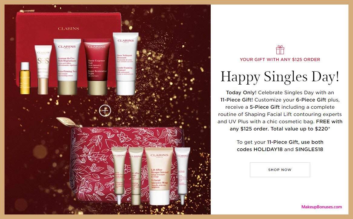 Receive a free 11-pc gift with $125 Clarins purchase #clarinsusa