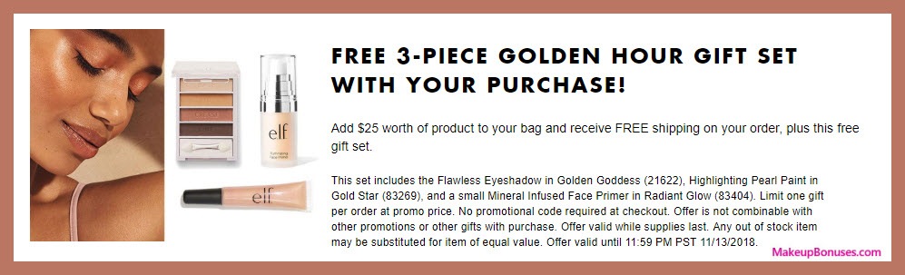 Receive a free 3-pc gift with $25 ELF Cosmetics purchase #elfcosmetics