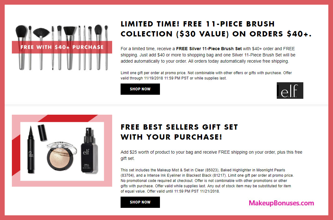 Receive a free 11-pc gift with $40 ELF Cosmetics purchase #elfcosmetics