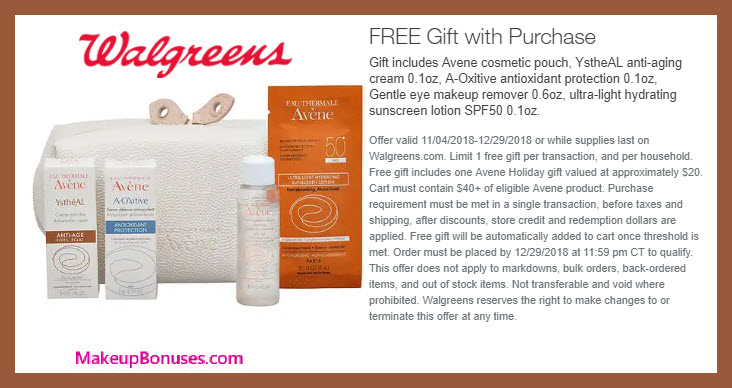 Receive a free 5-pc gift with $40 Avène purchase #Walgreens