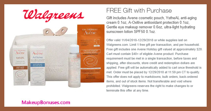 Receive a free 5-pc gift with $40 Avène purchase #Walgreens